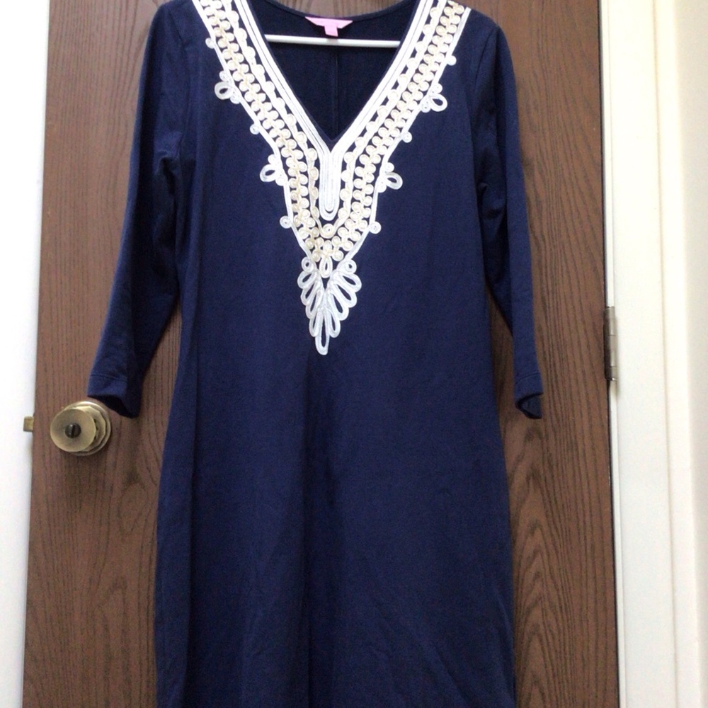 Lilly Pulitzer Navy Dress with White Gold Embroidery
